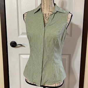 Sleeveless button up collared striped green top